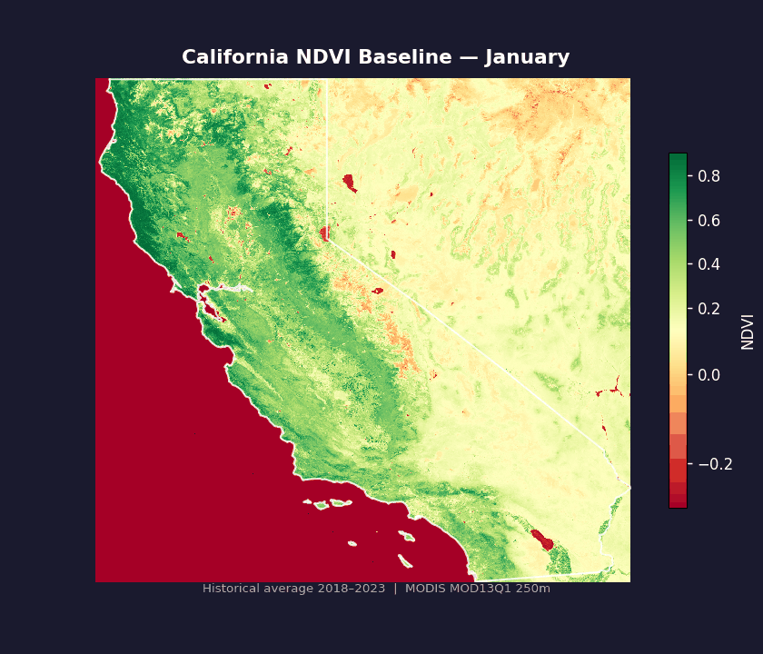 Animation of NDVI baseline cycling through 12 calendar months across California